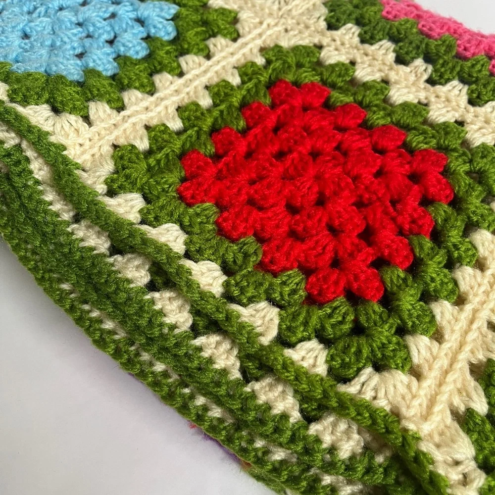 Handmade Crochet Green Multicolor Granny Square Afghan Throw Blanket